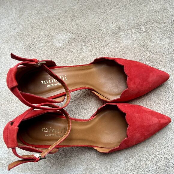 Minelli Spain Red Suede Scalloped Edge Pump Heel Ankle Strap Women EU 38 US 7.5 - Picture 6 of 16